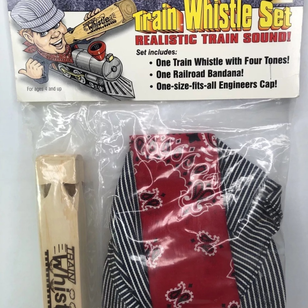 VTG Trophy Music Co. Train Conductor SET Dress Up Costume Whistle Cap Bandana
